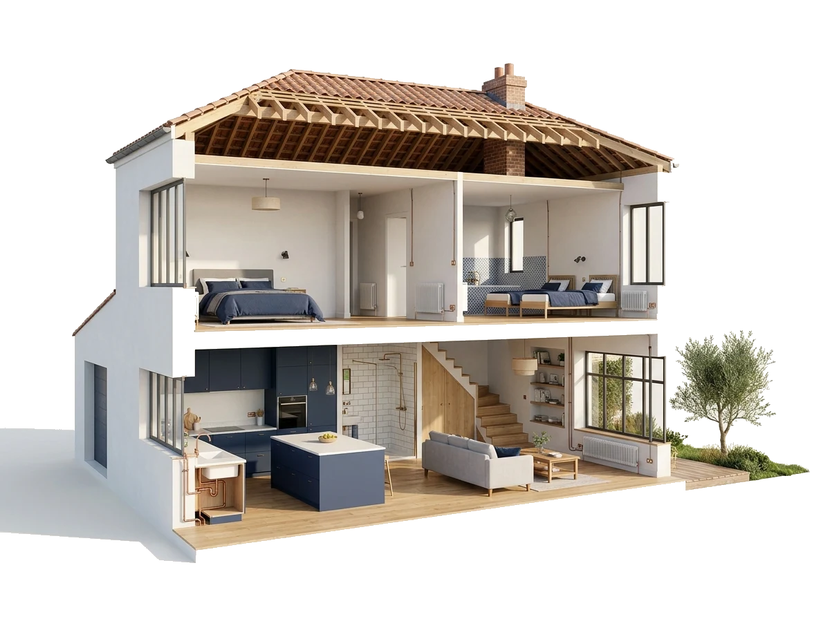 Maison en coupe montrant les onze corps d'état d'un projet de rénovation, du gros œuvre aux finitions